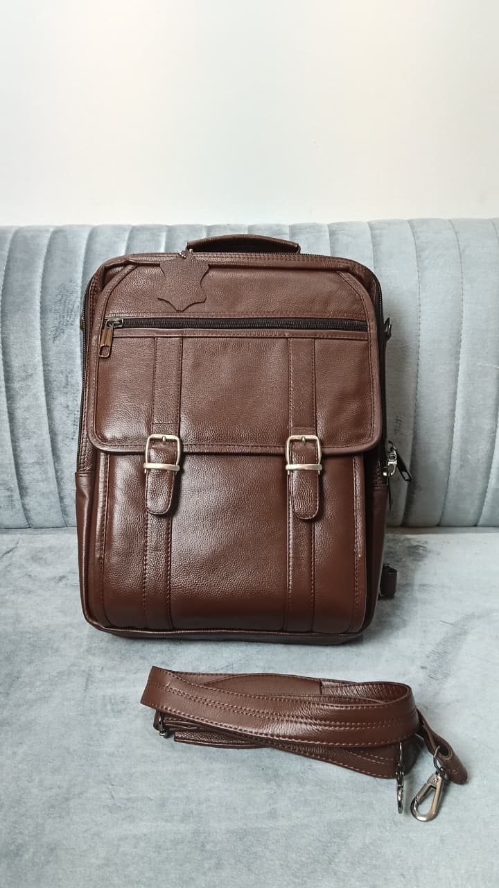 Cow Leather Dual Lock Bag- Brown
